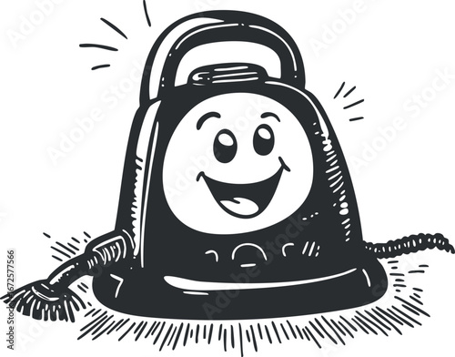 Cartoon black and white illustration of a smiling vacuum cleaner with a happy face and cleaning brush