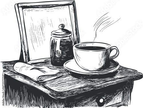 Black and white sketch of a steaming coffee cup on a wooden table with a sugar jar and napkin