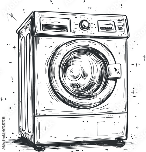 Black and white sketch illustration of a front-loading washing machine for laundry and home cleaning