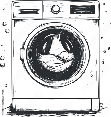 Black and white illustration of a front load washing machine with clothes inside, used for laundry cleaning