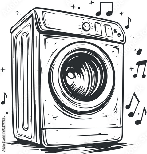 Black and white illustration of a front-loading washing machine with music notes around it symbolizing sound or rhythm