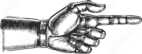 Detailed vintage engraving style vector sketch of the robotic hand with pointing finger gesture. Isolated on white, featuring mechanical joints and bolts, in a retro fantasy aesthetic.