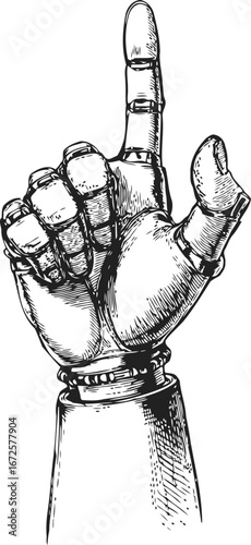 Detailed vintage engraving style vector sketch of the robotic hand with pointing finger gesture. Isolated on white, featuring mechanical joints and bolts, in a retro fantasy aesthetic.