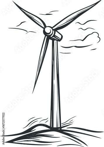 Black and white line drawing of a wind turbine generating renewable energy in a natural landscape