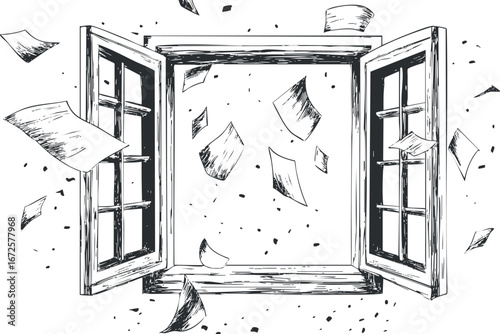 Black and white sketch of an open window with papers flying around, illustrating wind and motion.