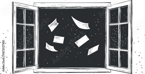 Black and white illustration of an open window with papers flying outside into the night sky