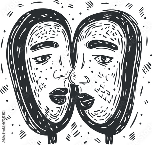 Abstract black and white drawing of two stylized human faces closely facing each other