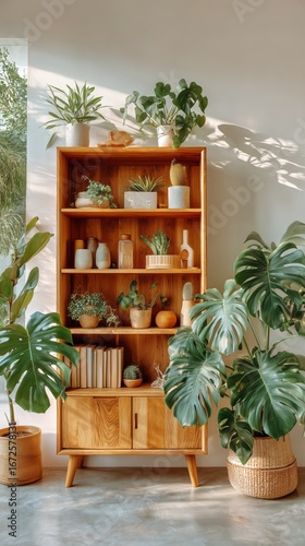 Decorative Wooden Shelf With Plants and Natural Light in a Cozy Interior Space.