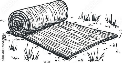 Black and white sketch of a rolled mat partially unrolled on grass, suitable for outdoor activities like yoga or picnics.