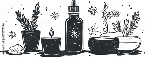 Black and white illustration of essential oil bottle, candle, potted herbs and natural wellness elements for aromatherapy and relaxation