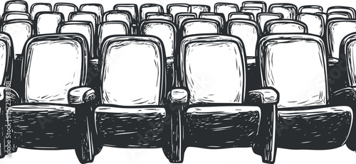 Illustration of empty theater seats arranged in rows with armrests in black and white style