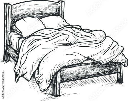Hand-drawn sketch of a wooden bed with pillows and a blanket, symbolizing comfort and rest for bedroom or home furniture concepts.