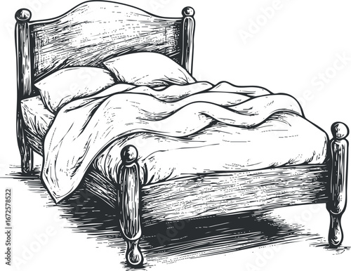 Hand-drawn vintage wooden bed with pillows and blanket in black and white sketch style
