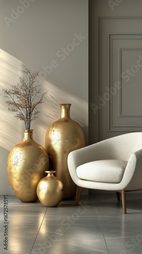 Stylish Interior Featuring Gold Vases and Modern Chair in Serene Living Space