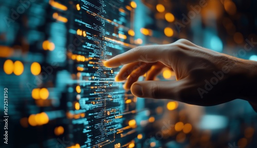 Hand Interacting With Digital Interface Displaying Data and Information in a ...