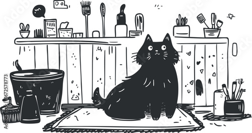 Black cat sitting indoors on a rug surrounded by various grooming and household items illustration