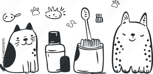 Black and white cartoon illustration of two happy cats with a toothbrush and toothpaste for pet dental care