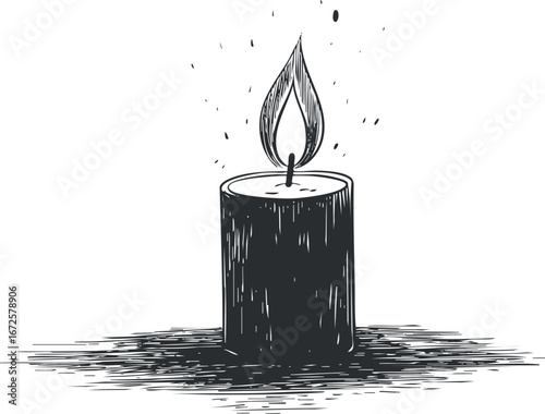 Hand-drawn black and white illustration of a burning candle with flame and shadow on a plain background