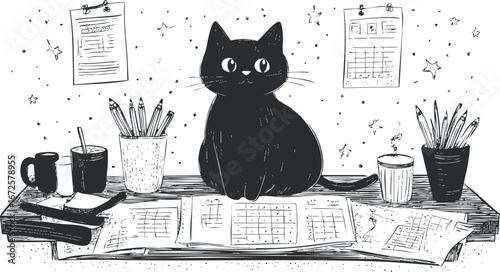 Black cat sitting on a cluttered desk with pencils, papers, coffee cups, and office supplies around