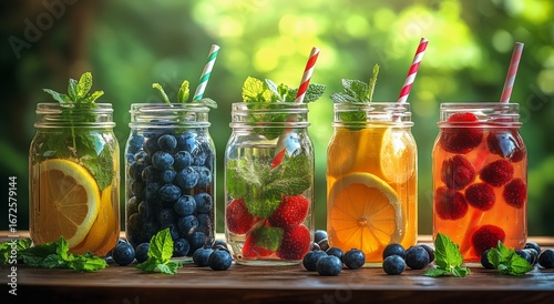 Refreshing Summer Beverages With Fruits in Glass Jars on a Sunny Day.