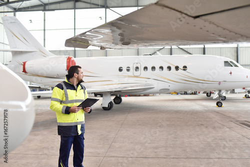 Aircraft mechanic inspects and checks the technology of a jet in a hangar at the airport