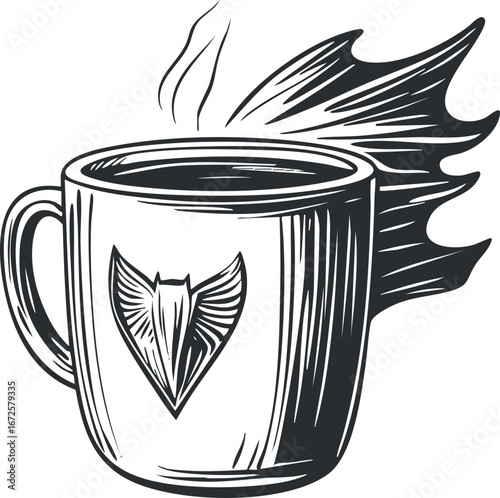 Black and white illustration of a steaming hot coffee cup with a stylized fox emblem on the side