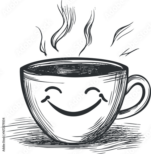 Hand-drawn sketch of a smiling coffee cup with steam rising symbolizing warmth and happiness