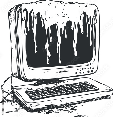 Black and white sketch illustration of a vintage desktop computer with monitor and keyboard melting and dripping