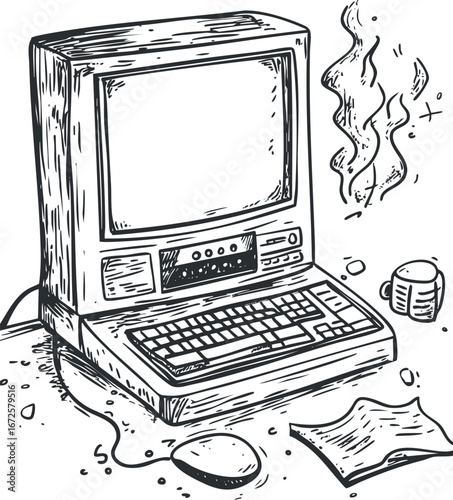 Hand-drawn black and white illustration of a vintage computer with keyboard mouse and steaming cup on desk