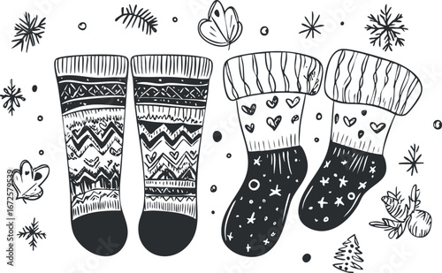 Black and white hand drawn illustration of two pairs of patterned winter socks with seasonal decorative elements surrounding them