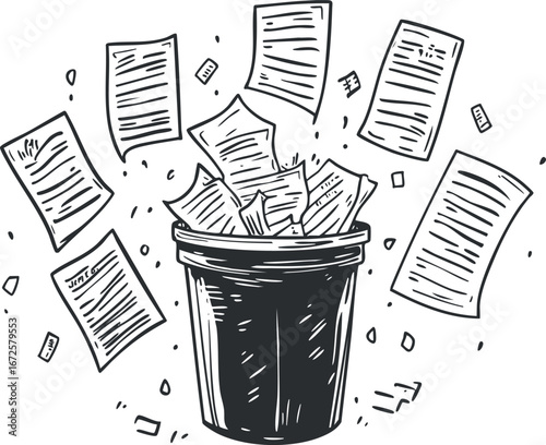 Hand drawn illustration of papers and documents flying into a black trash bin symbolizing waste disposal and paper recycling