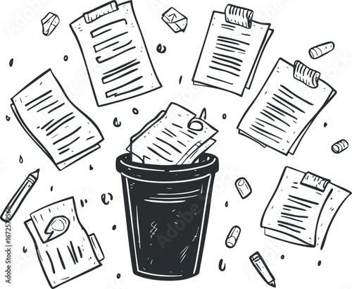 Black and white sketch of paper documents and clipboards thrown into a trashcan representing discarded office work