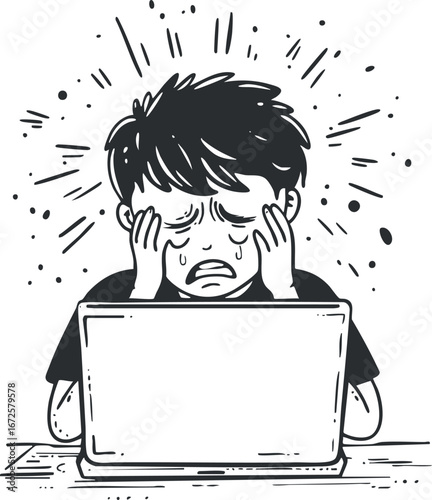 Illustration of a young boy sitting at a laptop crying and stressed with headache and frustration