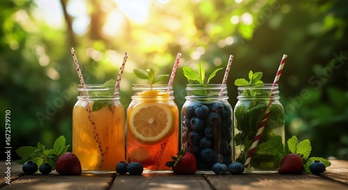 Refreshing Fruit Drinks on a Wooden Table During a Sunny Afternoon in a Garden