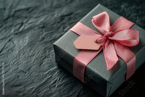 Elegant Gift Box Wrapped in Gray Paper With a Pink Ribbon and Tag on a Dark S...
