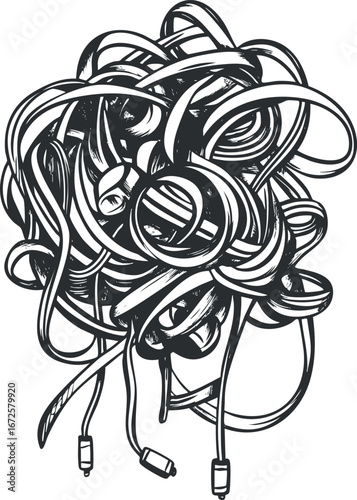 Black and white line art illustration of a tangled mess of electronic cables and connectors