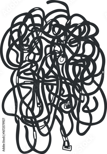 Abstract black scribble lines forming a chaotic tangled mess on white background