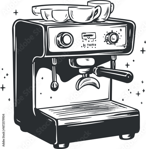 Black and white illustration of an espresso coffee machine with cups on top and control knobs