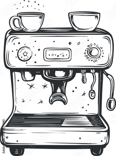 Black and white sketch illustration of an espresso coffee machine with two cups on top and steaming hot coffee