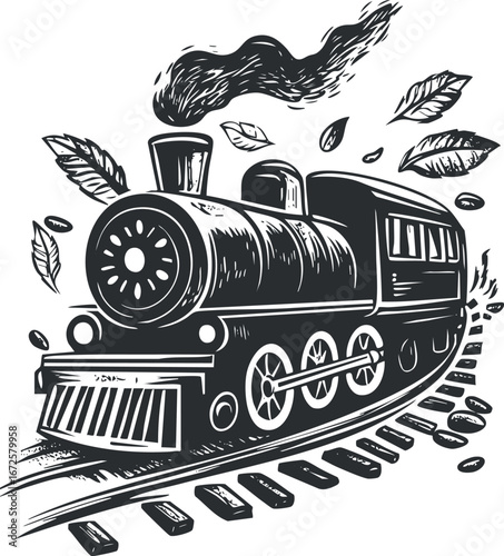 Vintage steam locomotive train moving on railroad tracks with smoke and falling leaves illustration