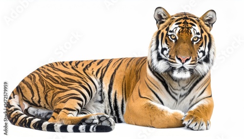 Majestic tiger resting peacefully on a white background