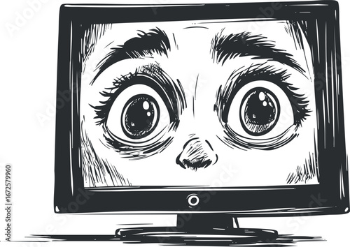 Black and white digital illustration of wide eyes showing surprise or fear on a monitor screen, representing alertness or observation