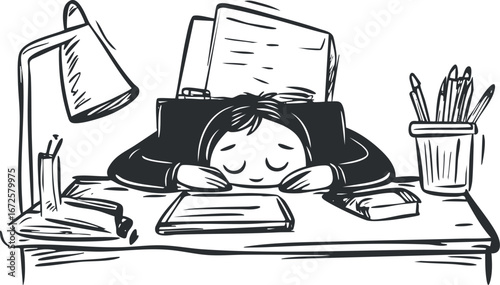 Black and white illustration of a tired person sleeping at a desk surrounded by papers and pencils