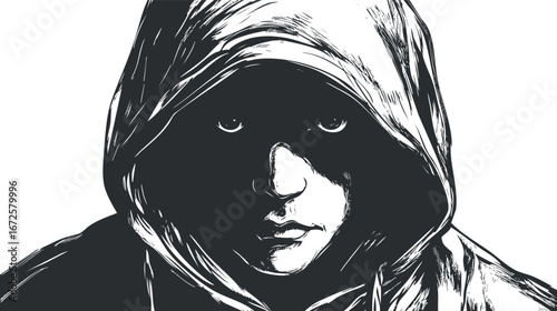 Black and white illustration of a mysterious hooded person with a shadowed face against white background