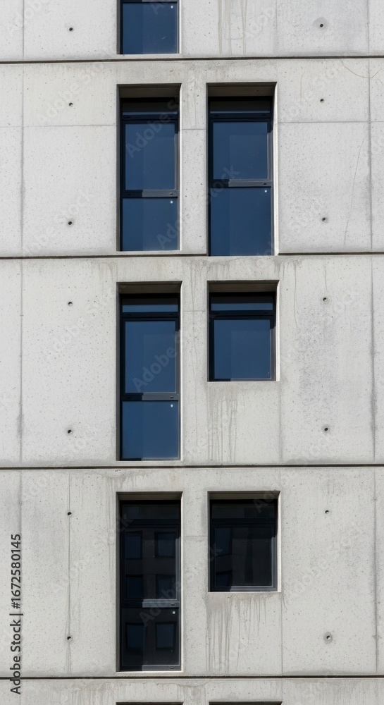 Fototapeta premium A modern concrete building facade, featuring a repeating pattern of rectangular windows and doors, displaying a structured and minimalist aesthetic.