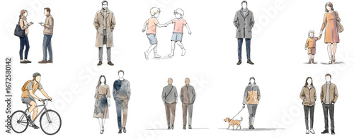 Hand drawn people set with walking, talking, cycling and family figures isolated on transparent background