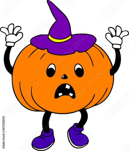 Colorful Scary Pumpkin in Hat Rubber Hose Style