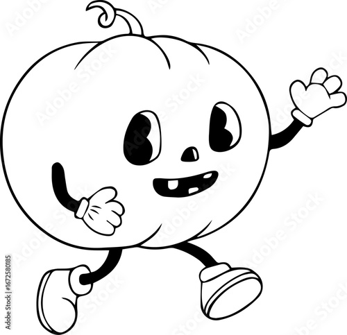 Running Pumpkin Clipart Black and White Rubber Hose Cartoon