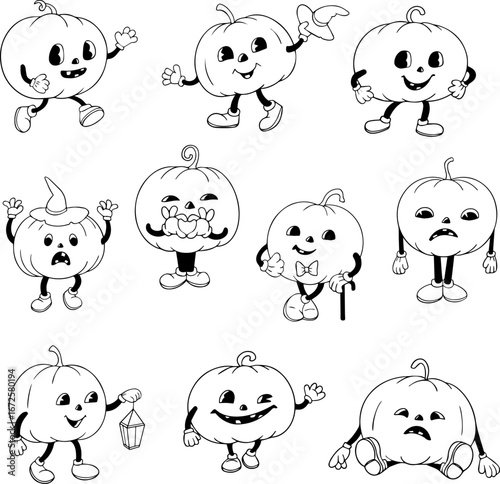 Set of 10 Black and White Pumpkins Rubber Hose Style