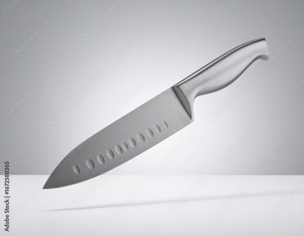 Obraz premium Floating Silver Chef Knife with Stainless Steel Blade for Gourmet Kitchen